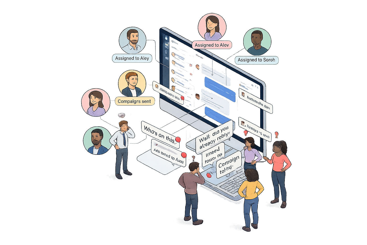 Illustration of WhatsApp team inbox chaos and collision without BlueConnect